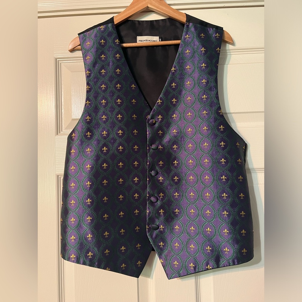 Pronto Uomo Men’s Yellow Green Purple Black Mardi Gras Fluer De lis medium Vest